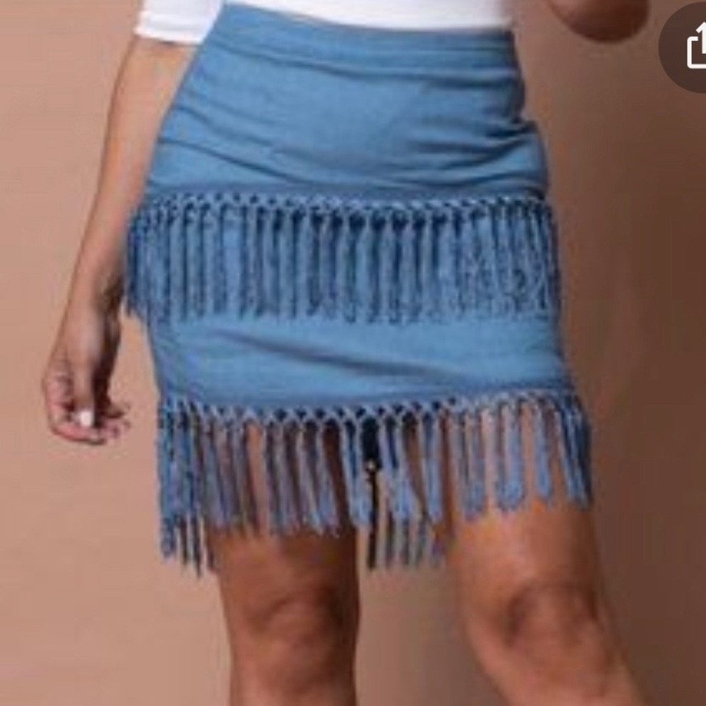 By Egreis 'Maria'‎ Fringe Tassel Chambray Mini Skirt Size M Boho Spanish  A11
